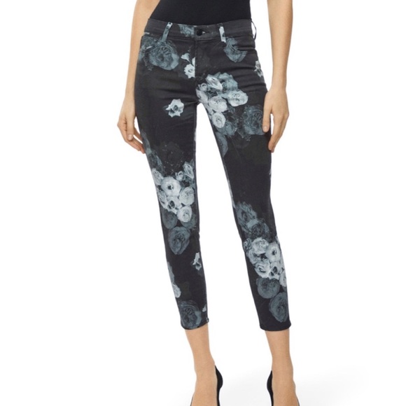 J Brand Mid Rise Cropped Skinny Jeans, Black with Gray & White Floral Design, 26 - Picture 1 of 16